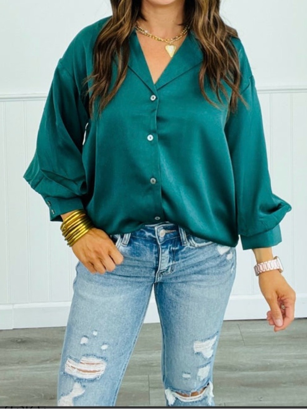 Entro Hunter Green Satin Button Down Blouse L | Business Casual Quiet Luxury